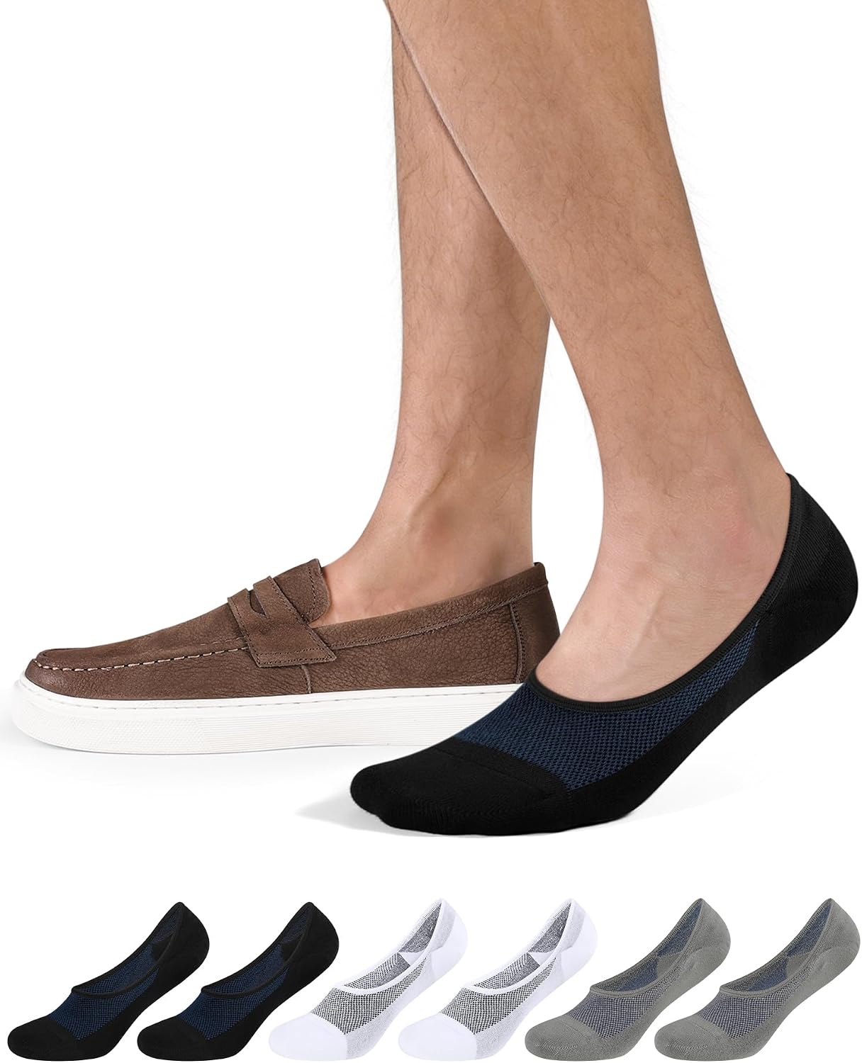 Detalle de CloseMate Chaussettes Invisibles Homme & Femme – 6 Paires, coton 80%, antidérapantes pour loafers, blanc/noir/gris