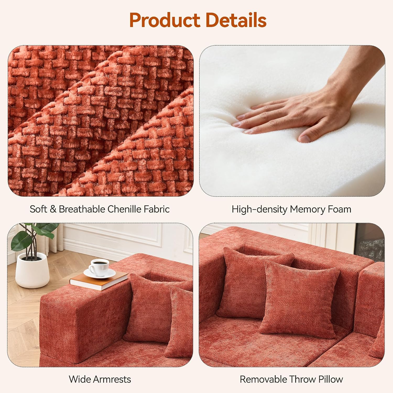 Detalle de MONVANE Modular Sectional Sofa, 8-Seat U-Shaped Chenille Couch, Rust Red