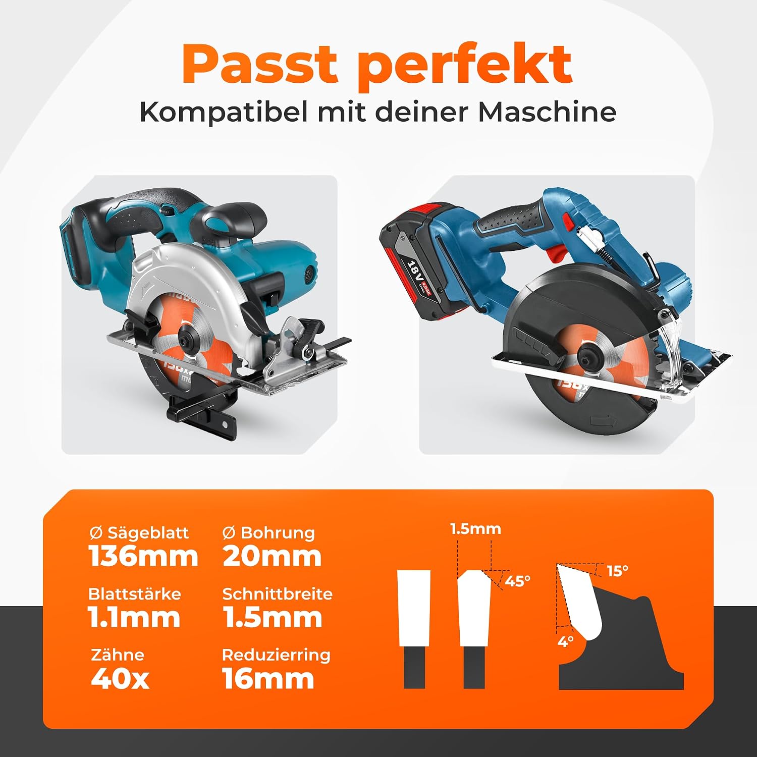 Thumbnail 4 de BAUBECK Sägeblatt 136 x 20 mm, 1,5 mm Feinschnitt – 40 Zähne für Akku-Kreissägen (Holz & Alu, kompatibel zu gängigen 136x20-Systemen)