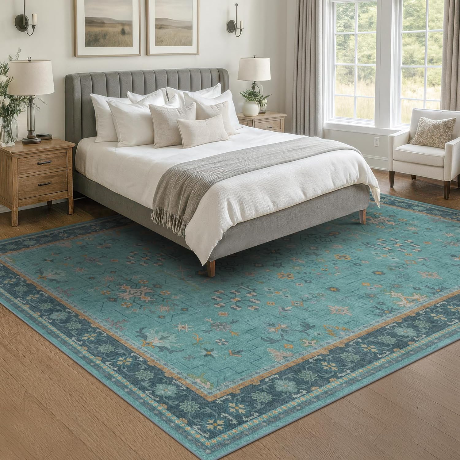 Detalle de Teal 7x10 Large Rug Washable Floral Pattern