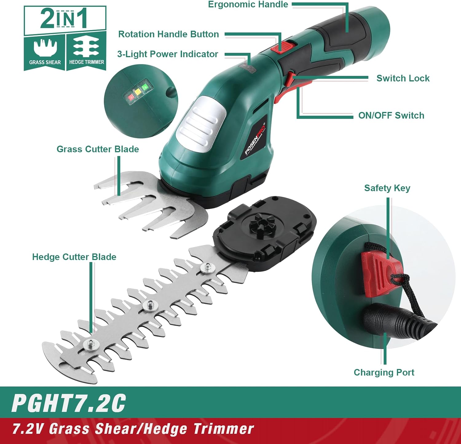 Detalle 2 de POSENPRO cordless hedge trimmer 7.2V