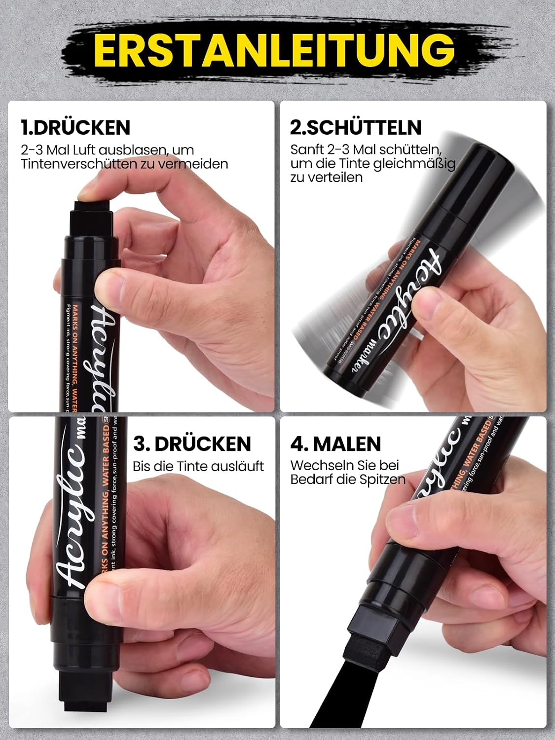 Detalle de Willingood 3x Schwarz Acrylstifte Jumbo Marker Set – 15 mm Spitze, wasserfest & schnelltrocknend