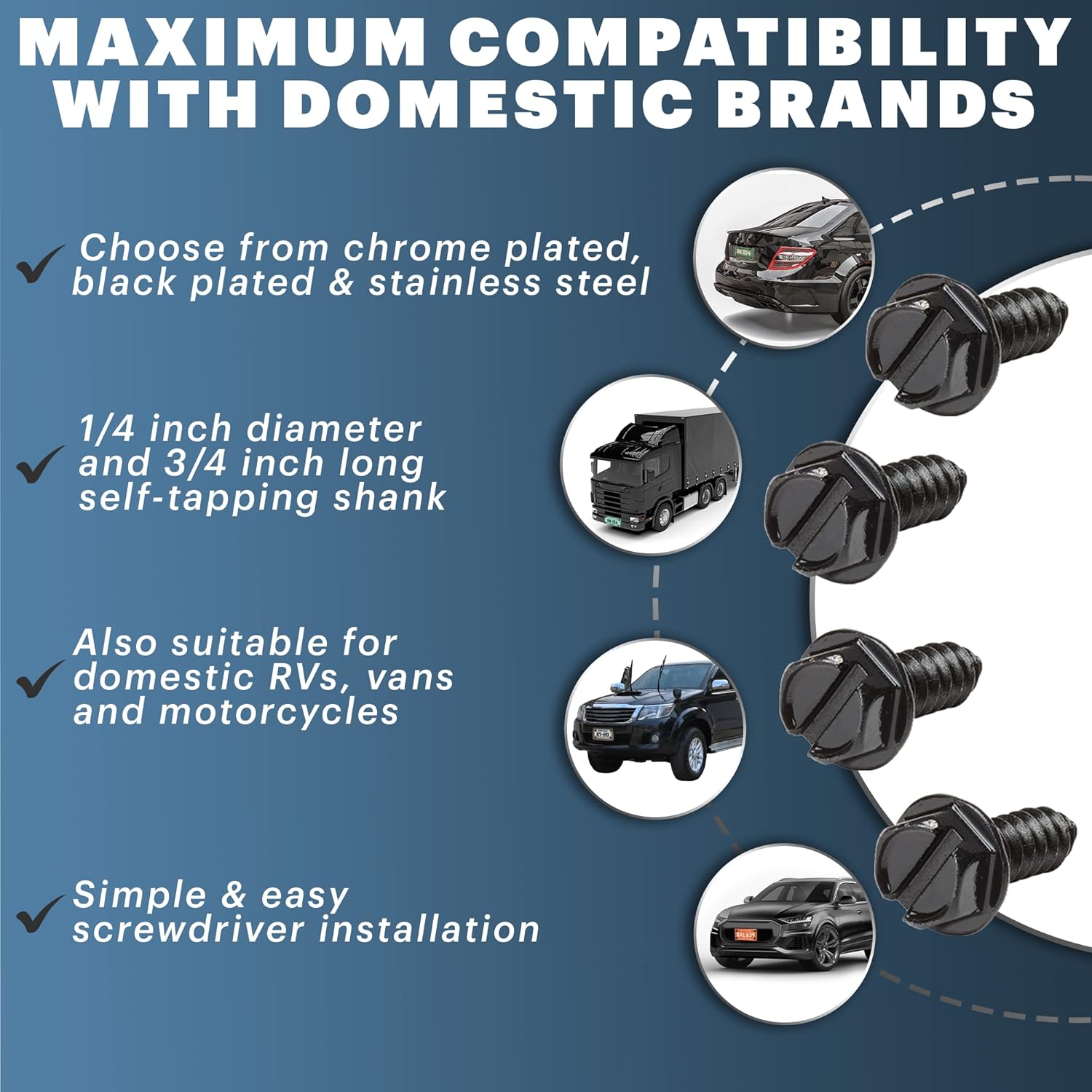 Thumbnail 1 de OttoSpeed Rustproof License Plate Screws for US Domestic Vehicles – Stainless Steel, Black-Slotted (4-Pack)
