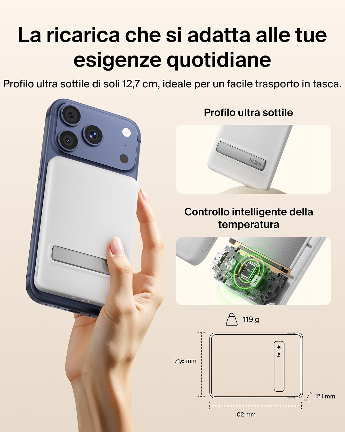 Detalle de Belkin BoostCharge Power Bank Magnetico 5000mAh Qi2 15W – Caricatore Wireless Portatile con Supporto Rimovibile