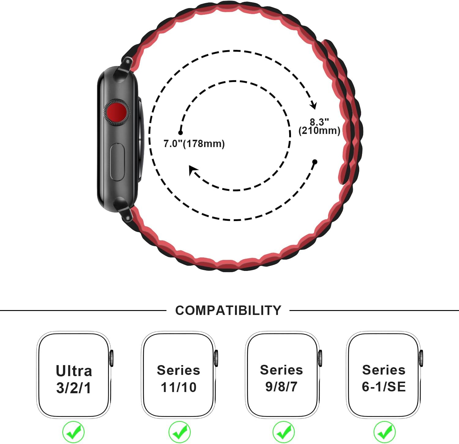 Thumbnail 4 de Anlinser Magnetic Straps double-sided reversible silicone band for Apple Watch 49/46/45/44/42/41/40mm (Red/Black)