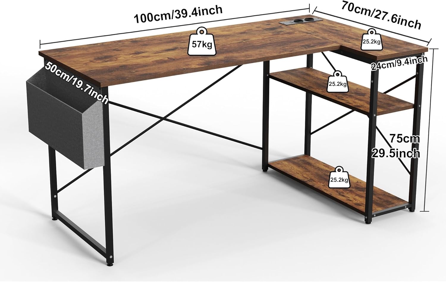 Thumbnail 2 de BEXEVUE Small L-Shaped Desk with Power Outlets – 100x70 cm Corner Computer Desk