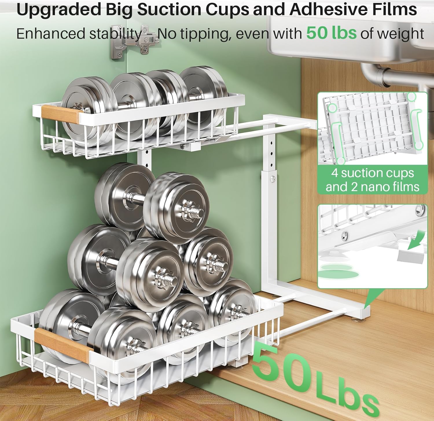 Detalle 2 de Kitstorack 2-Tier Sliding Cabinet Organizer, Adjustable White Carbon Steel Shelf