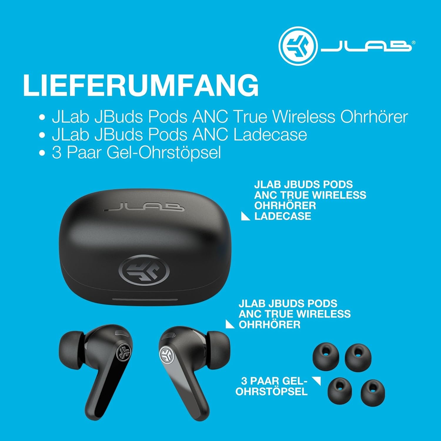 Thumbnail 6 de JLab JBuds Pods ANC In-Ear Bluetooth-Kopfhörer mit Hybrid-Noise-Cancelling, Multipoint & IP55 (Schwarz)