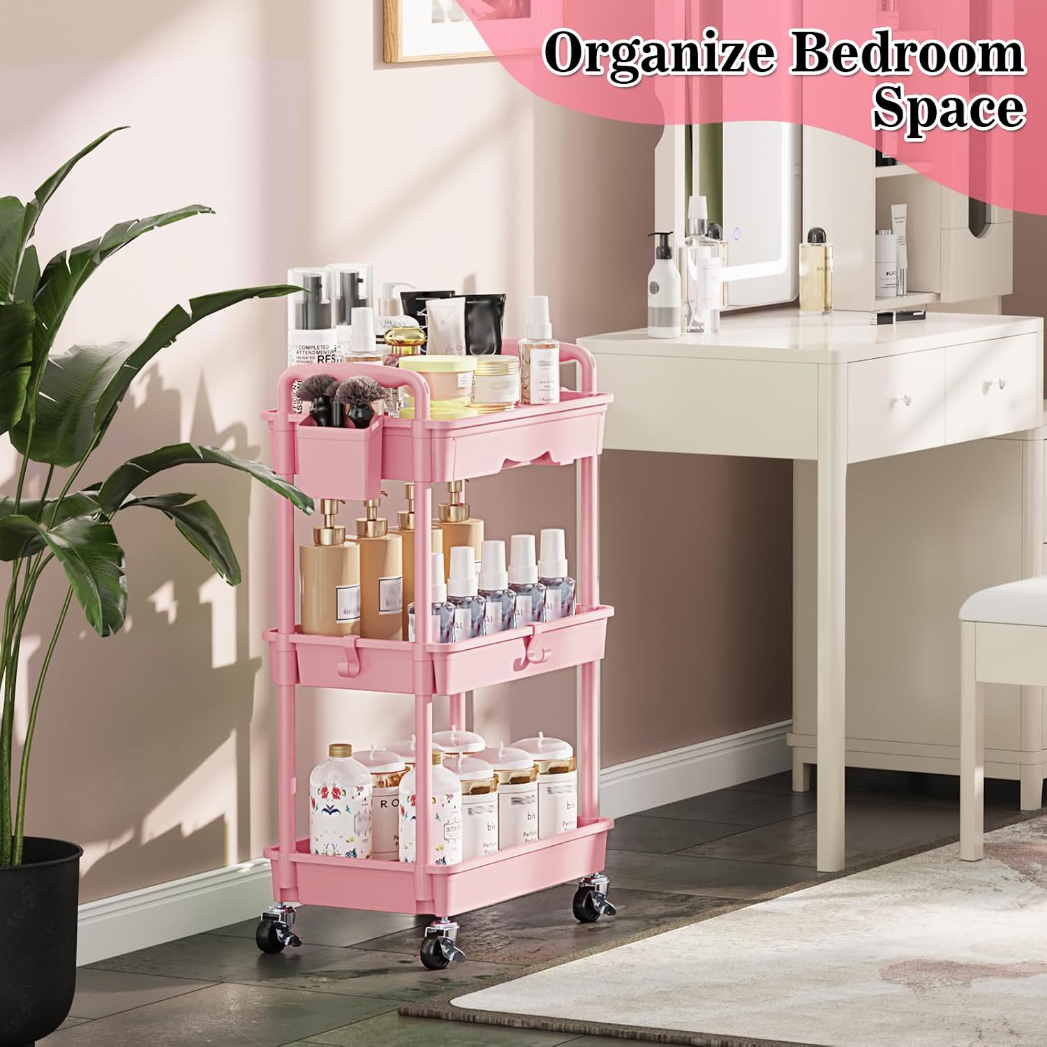 Thumbnail 6 de SUNALLY SN-UC03PK 3-Tier Rolling Storage Cart with Drawer, Pink, Locking Wheels