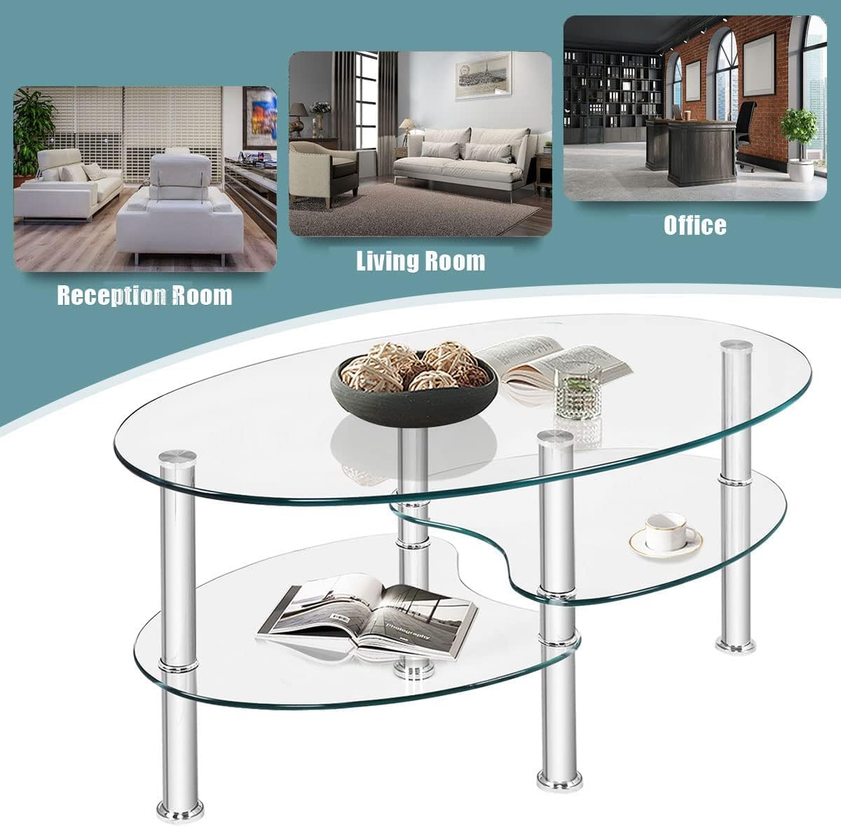 Thumbnail 5 de LIFEZEAL Table Basse Ovale en Verre Trempé – 3 Niveaux, cadre métal robuste, 90 × 50 × 45 cm