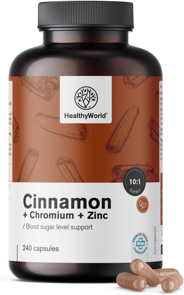 Detalle de HealthyWorld Kaneel met Chroom en Zink capsules, 240 stuks, vegetarisch
