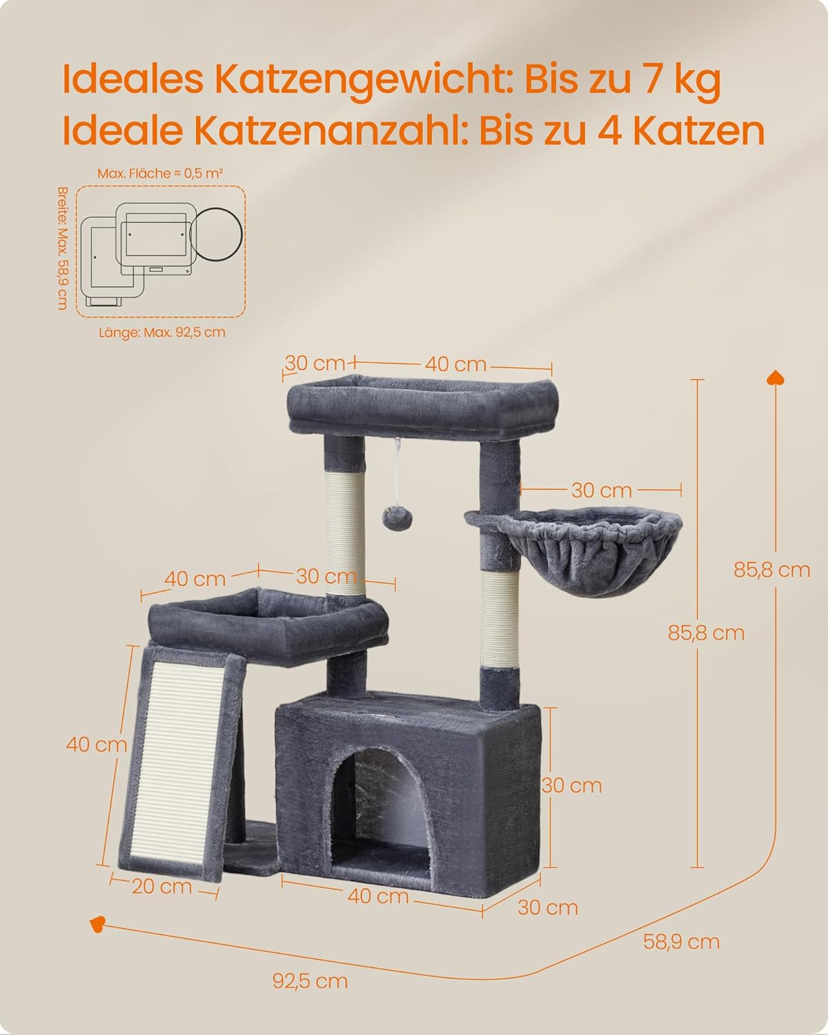 Detalle de Feandrea Kratzbaum – Katzenbaum mit Kratzsäulen, Rampe und Höhle (85,8 cm, dunkelgrau)