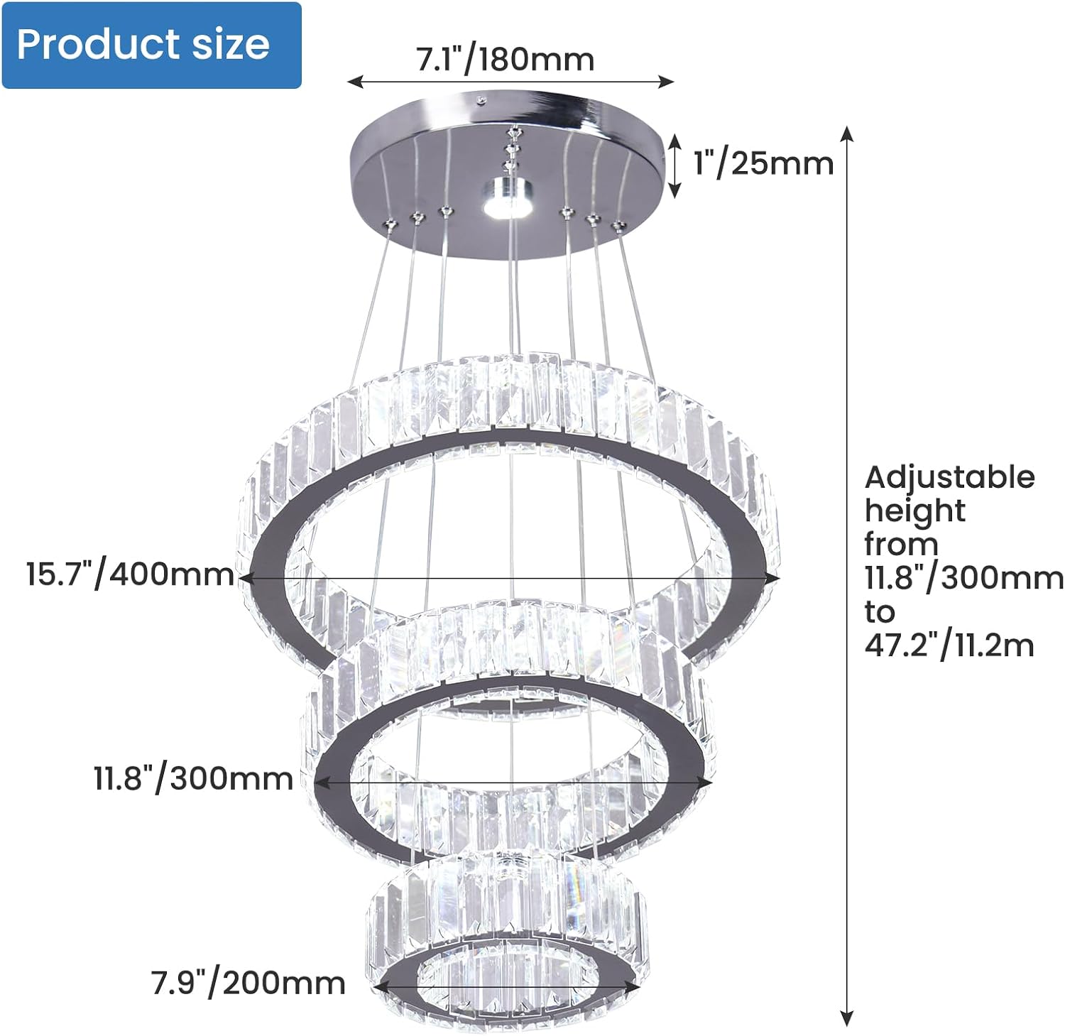 Detalle de YPQXYHDA Adjustable 3 Ring Crystal Pendant Light – Dimmable LED Chandelier with Remote