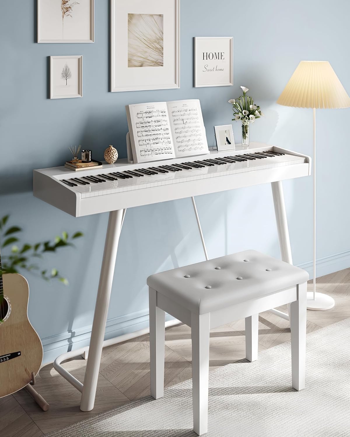 Detalle 2 de SONGMICS ULPB55WT Wooden Piano Bench with Padded Seat and Storage, White