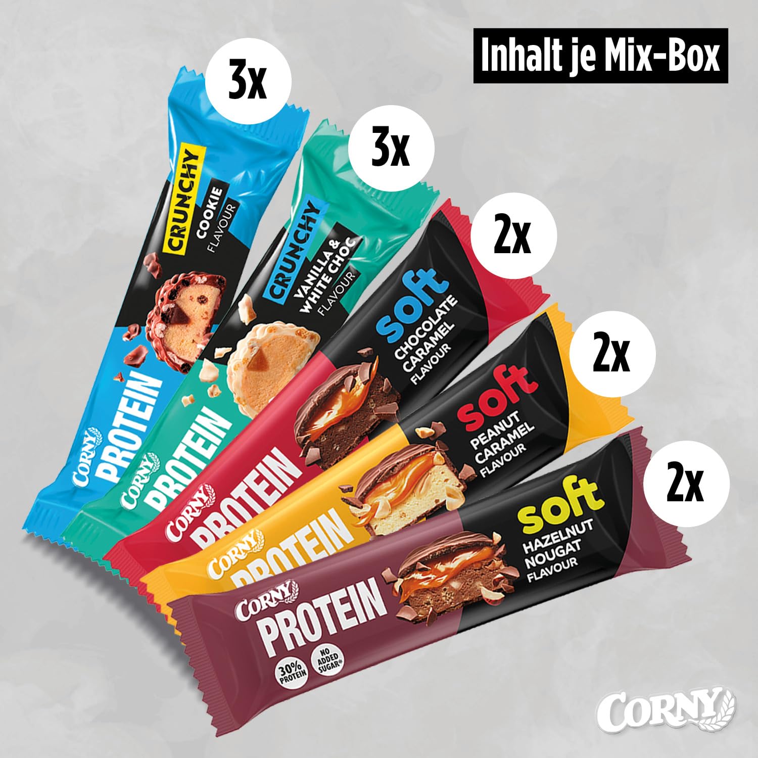 Thumbnail 2 de Corny Protein Soft & Crunchy 12er Mix Pack (30% Eiweiß) – Probier-Mischkarton Proteinriegel 12 x 45 g