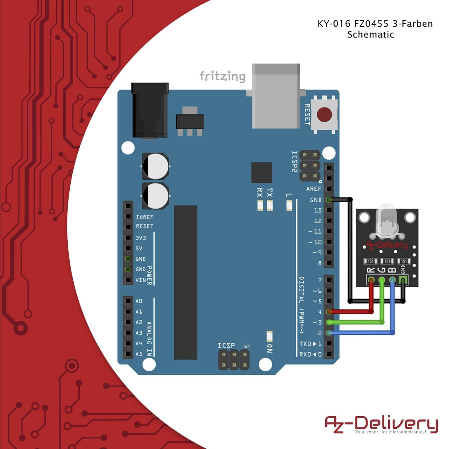 Detalle 2 de AZDelivery 3 x KY-016 FZ0455 modulo LED RGB a 3 colori per Arduino (con e-book)