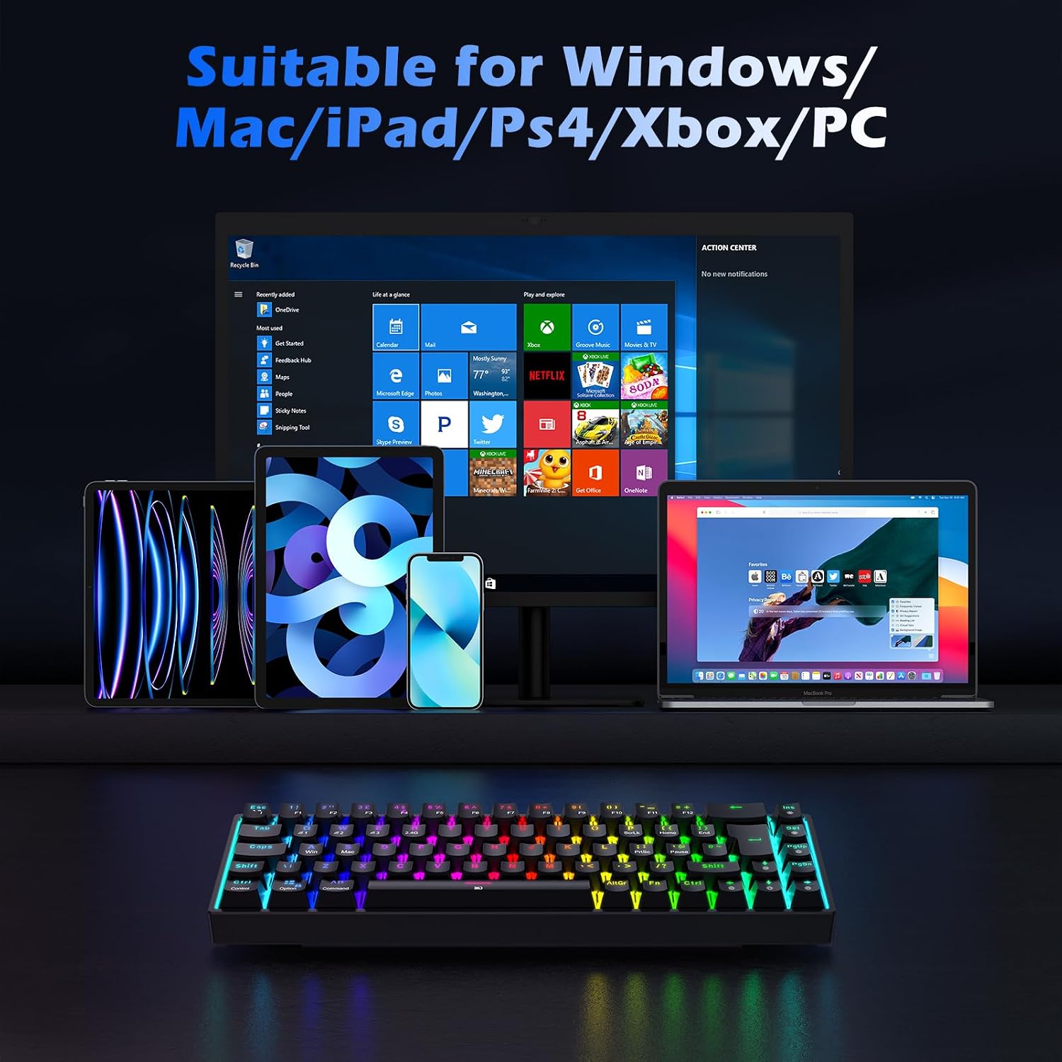Detalle de TECURS Wireless Mechanical RGB 65% Keyboard (UK Layout) – 68 Keys, Red Switch, Bluetooth/2.4G/Wired