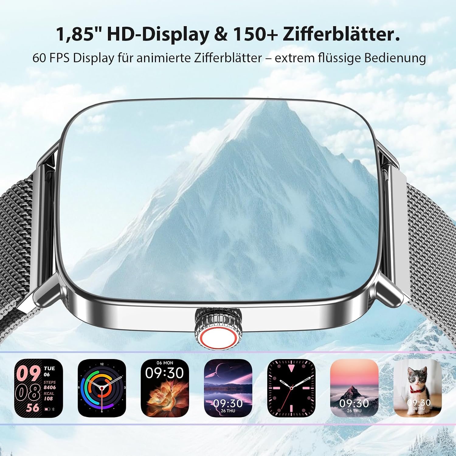 Detalle de Yoever Smartwatch Damen/Herren mit Telefonfunktion – 1,85" Display, 110 Sportmodi, Schlafmonitor, SpO2, IP68, Bluetooth 5.3