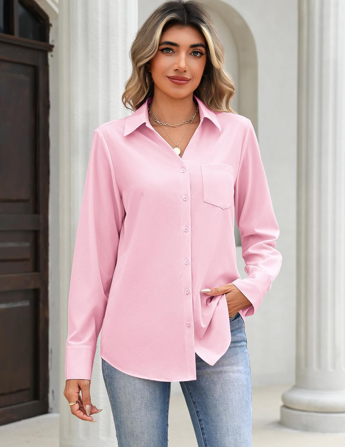 Detalle 2 de Zeagoo Women's Long-Sleeve Button-Down Blouse, 4-Way Stretch, Collared