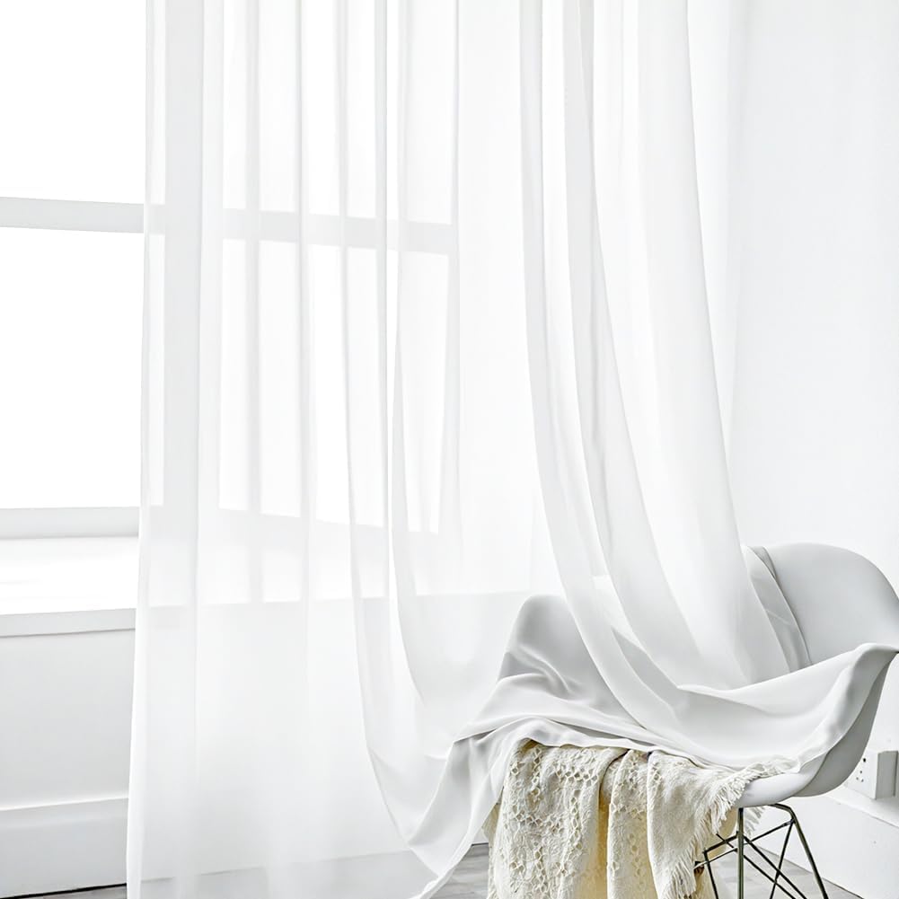 Thumbnail 6 de Alaoo Lot de 2 Panneaux Rideau Passant Tringle – Voilages Blanc 142 × 135 cm