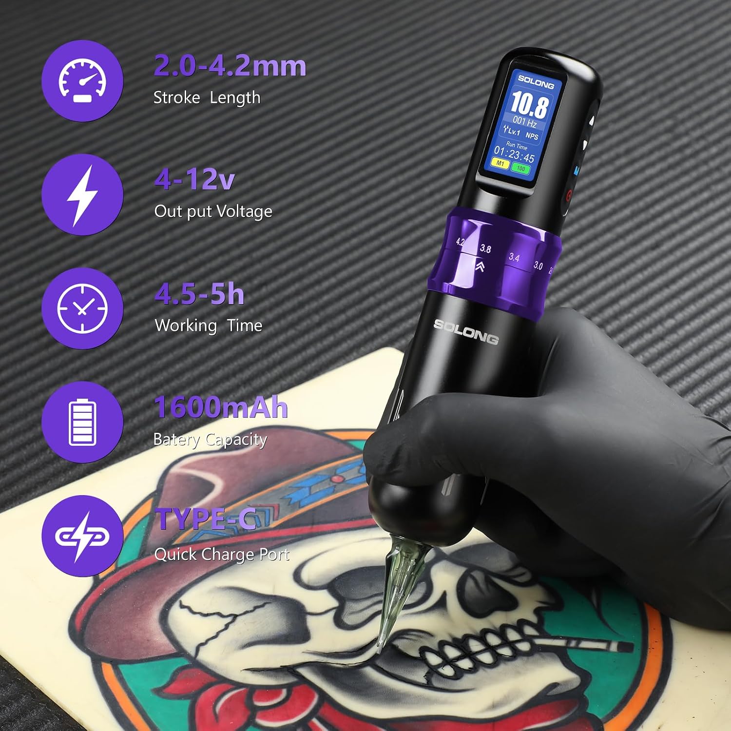 Thumbnail 6 de Kit Tatuaggi Wireless Solong SL-TKE200AEU-4: Macchina Rotativa Professionale con Batteria 1600mAh e 7 Modalità