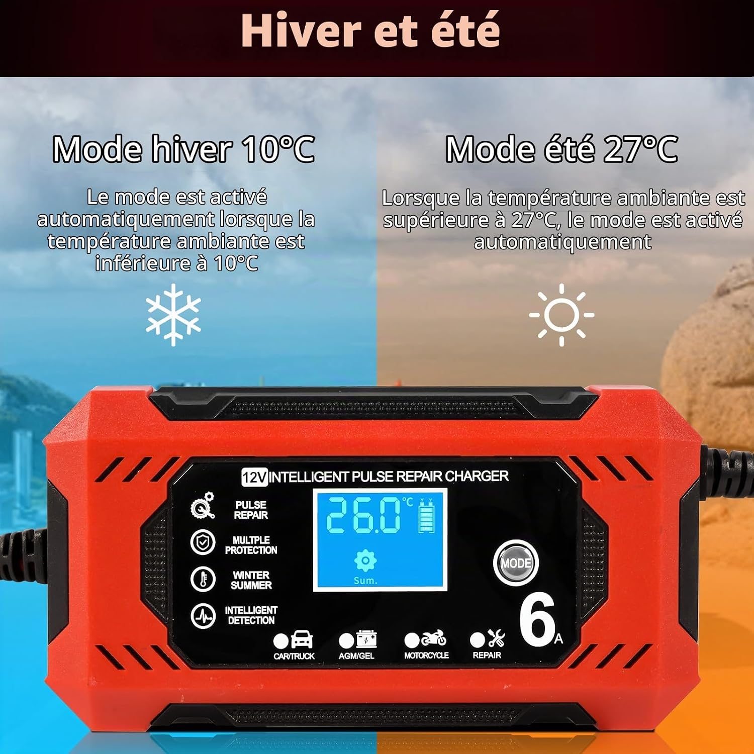 Thumbnail 6 de YIIFELL 12V 6A slimme acculader voor auto en motorfiets met lcd-display
