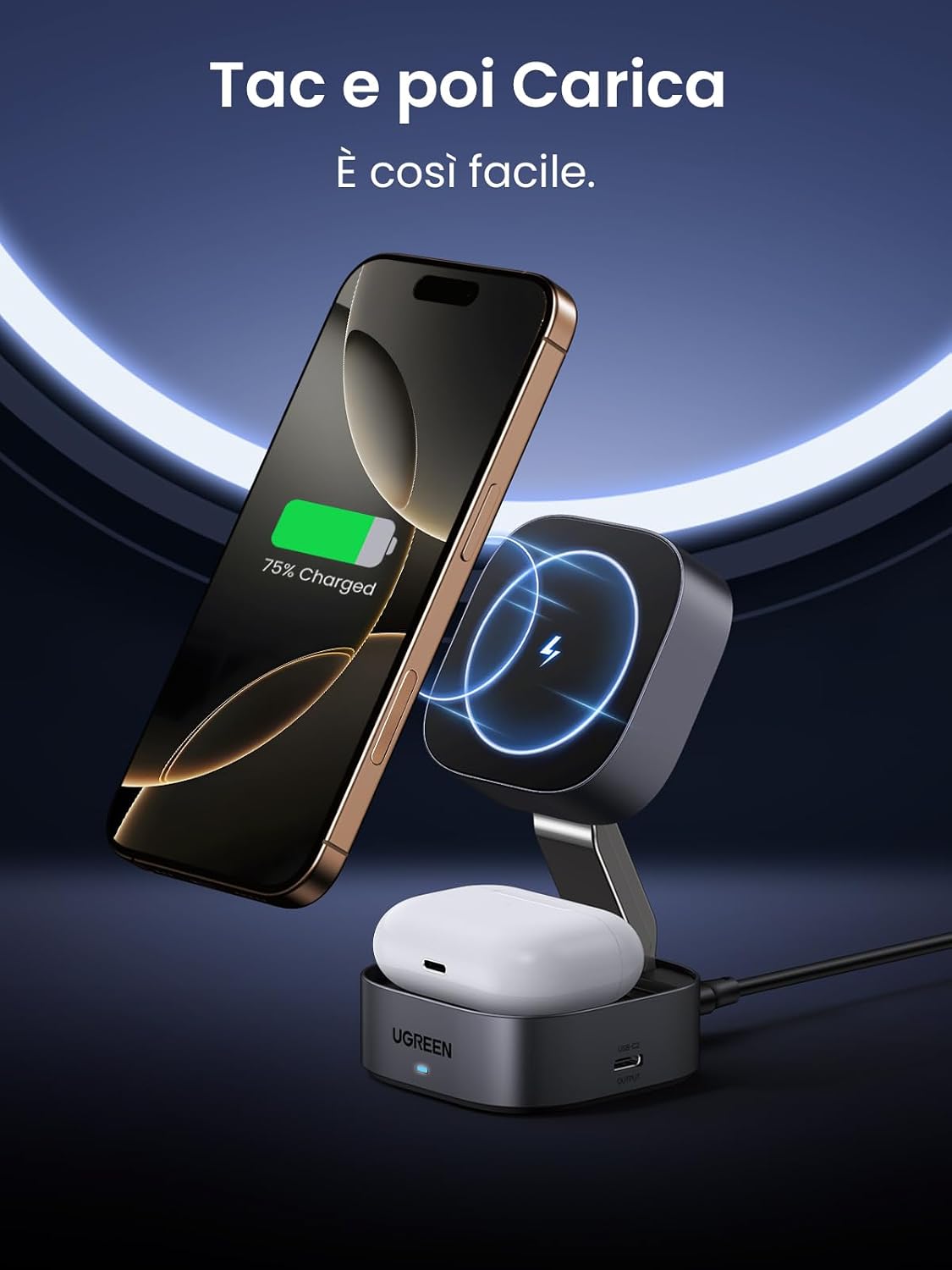Detalle de UGREEN MagFlow Caricatore Wireless 2 in 1: Stazione di Ricarica Magnetica per iPhone e AirPods