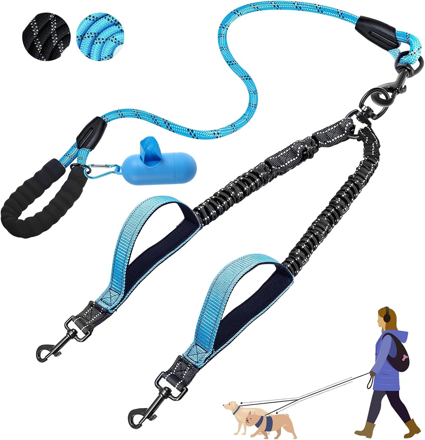 Blanlody Double Dog Lead (No Tangle) with Reflective Bungee, 360° Swivel, Padded Handles & Waste Bags