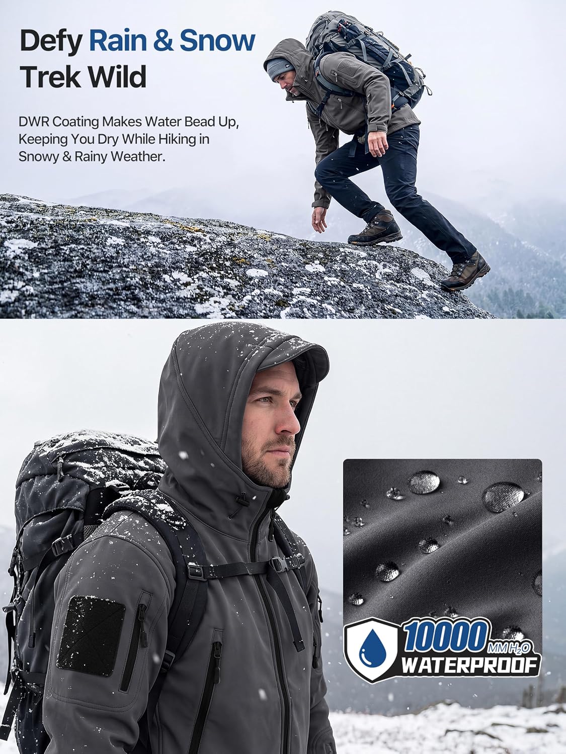 Detalle de FREE SOLDIER Men's Hooded Softshell Jacket, Waterproof, Fleece-Lined, 9 Pockets