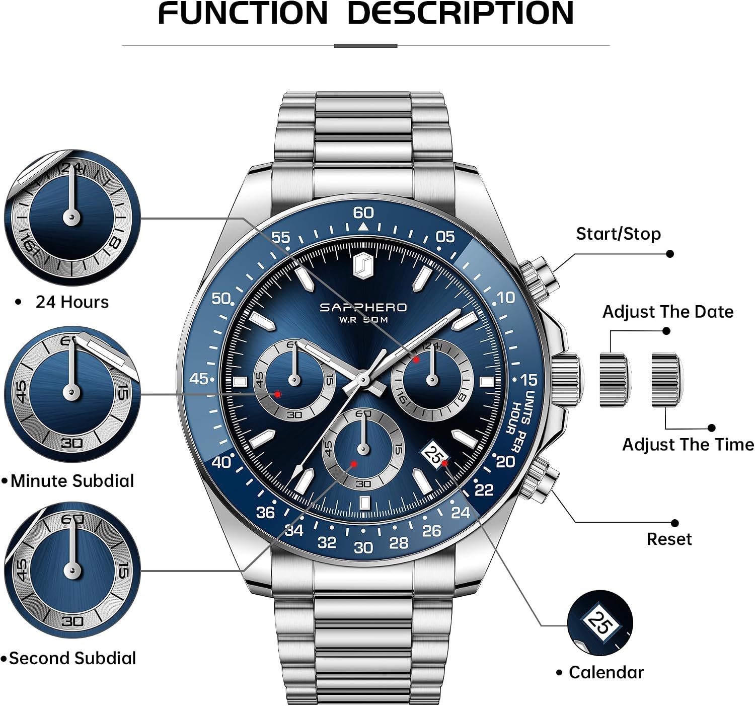 Thumbnail 6 de SAPPHERO Montre Homme chronographe en acier inoxydable étanche 50M — cadran mat analogique quartz