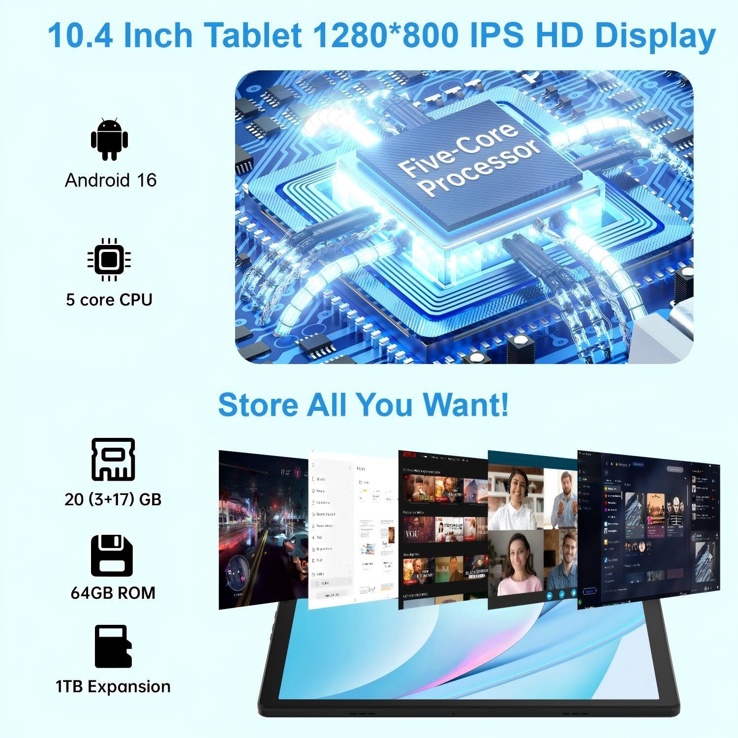 Thumbnail 1 de MUISOO Android 16 10.4-inch Tablet (20GB RAM + 64GB ROM, WiFi 6) – 5000mAh, Dual Cameras, Widevine L1