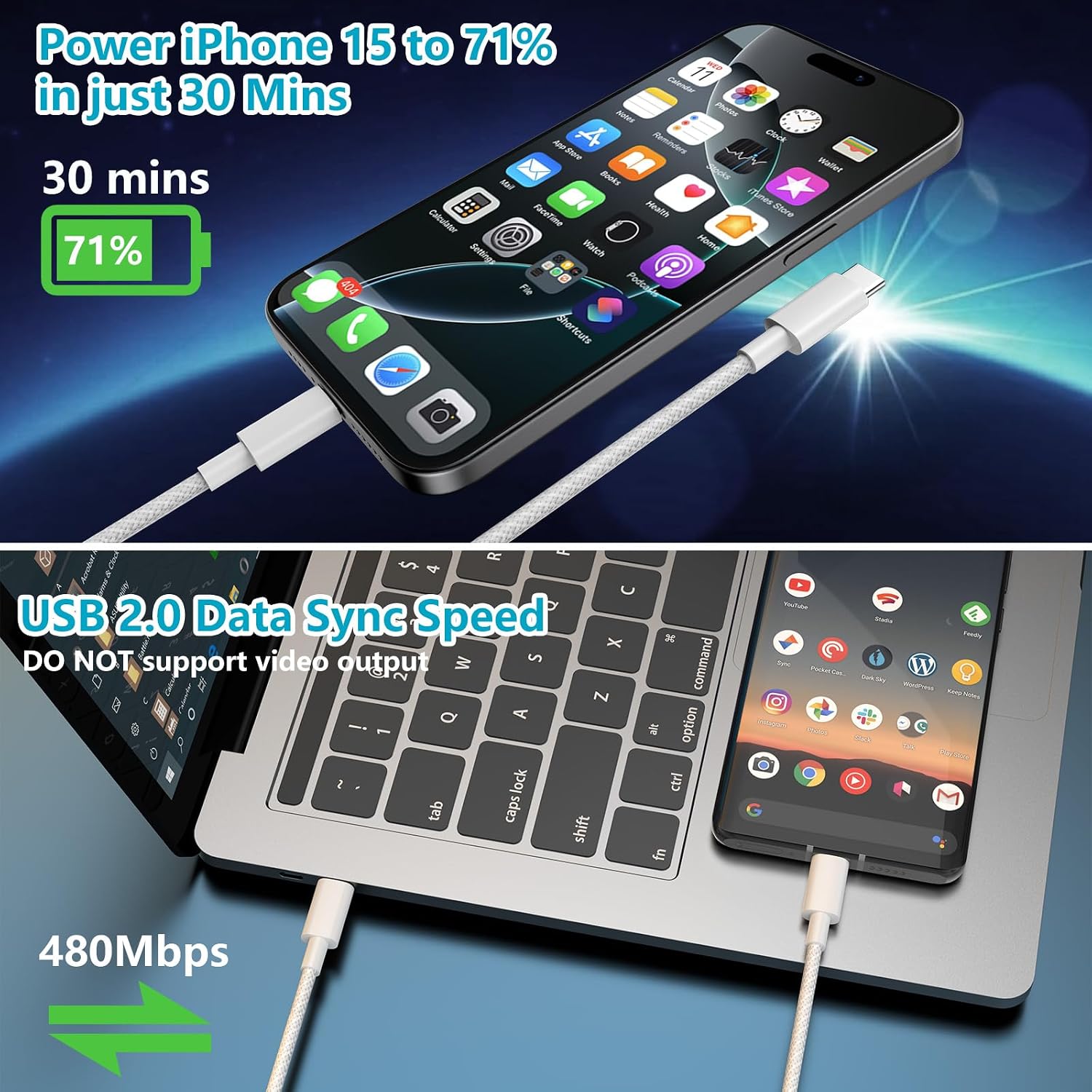Thumbnail 1 de TIGOJH USB-C to USB-C braided power cable (3M / 10ft) with 100W Power Delivery