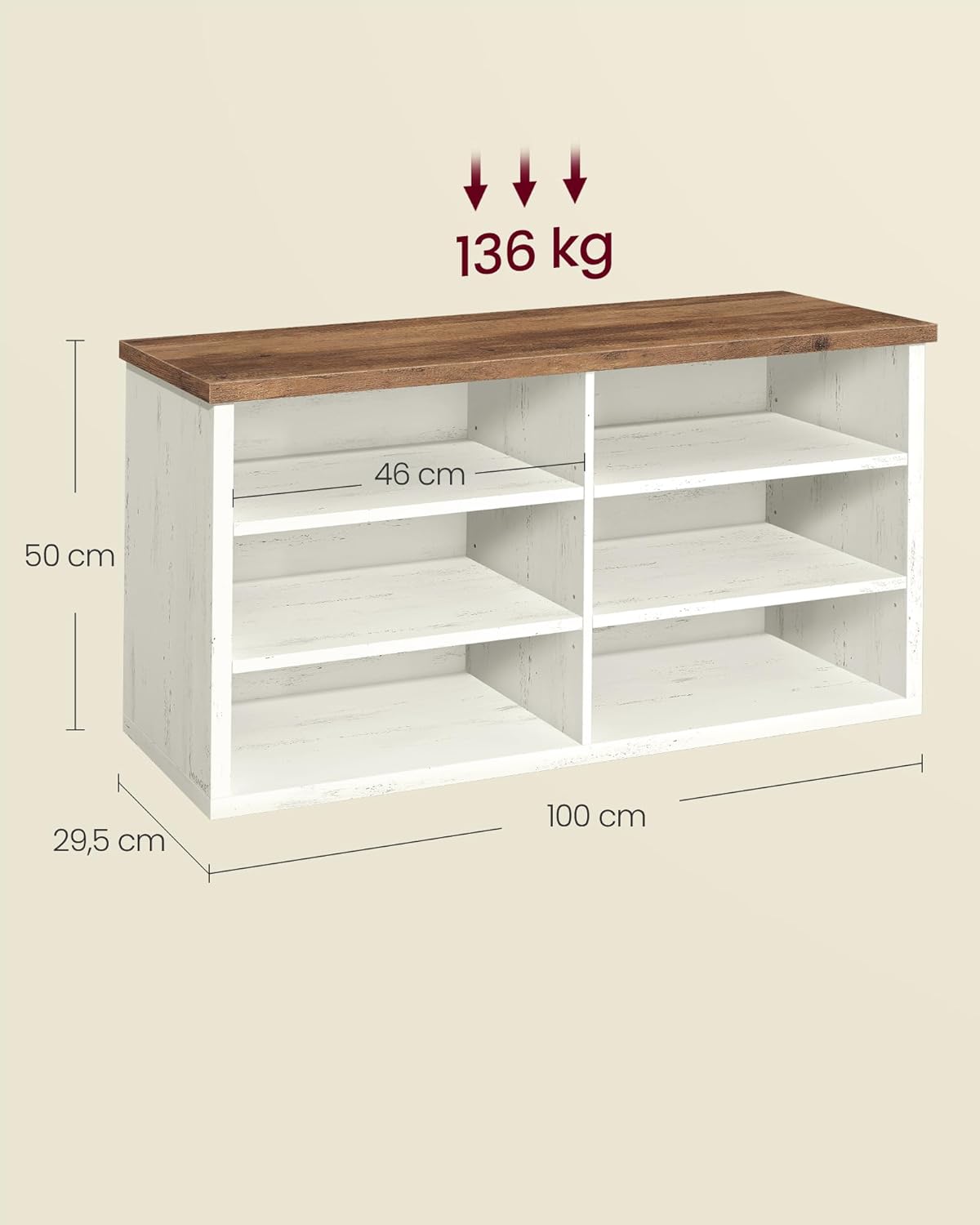 Thumbnail 2 de VASAGLE Banc à Chaussures LSB036W02 – Étagère de rangement à 6 niveaux, blanc vintage et miel, 29,5 x 100 x 50 cm