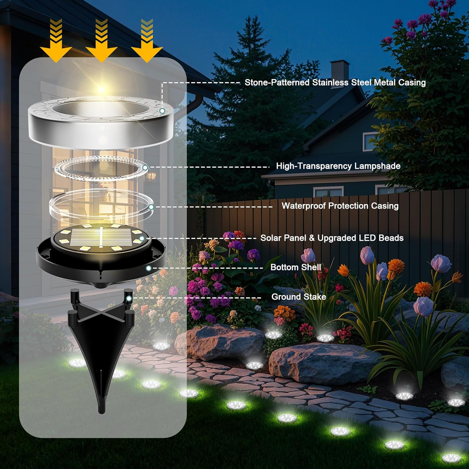 Thumbnail 3 de FIFlying solar garden ground lights (16-pack) — cold white 8-LED stainless steel IP65 path lights