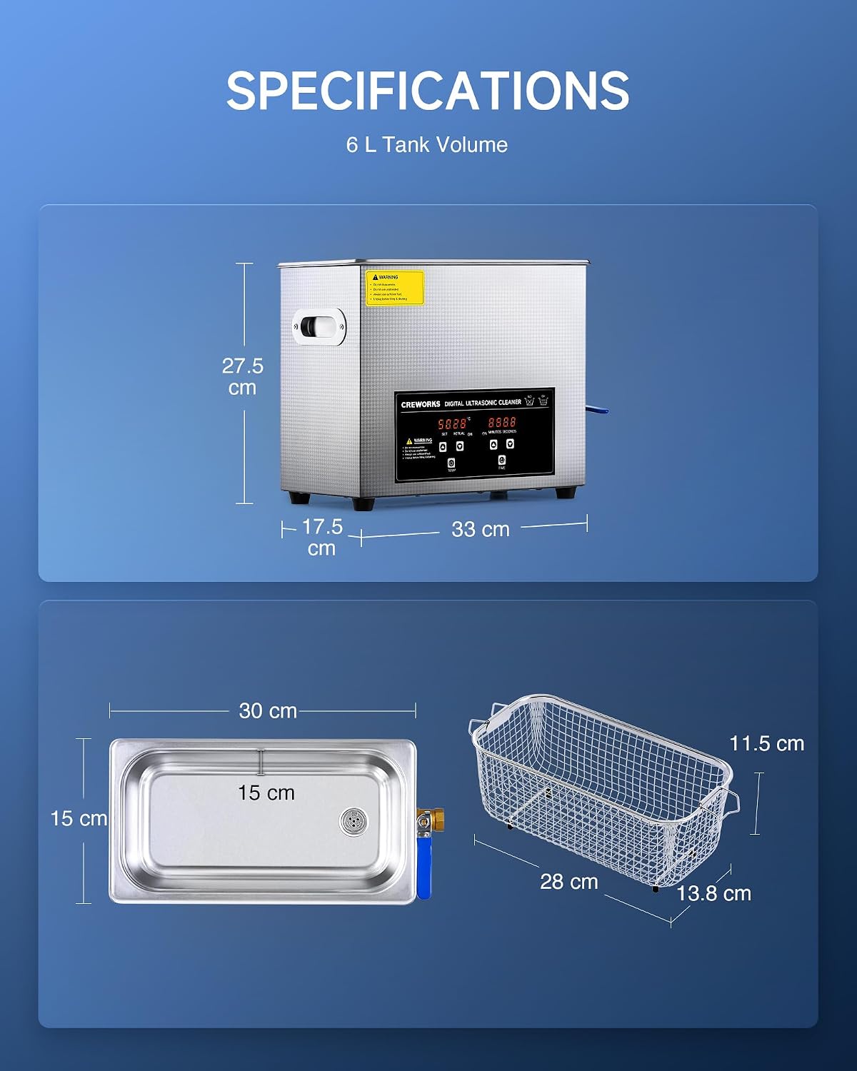 Thumbnail 6 de CREWORKS DUC-M106 6 L Ultrasonic Cleaner with Heater, Timer and Digital Controls
