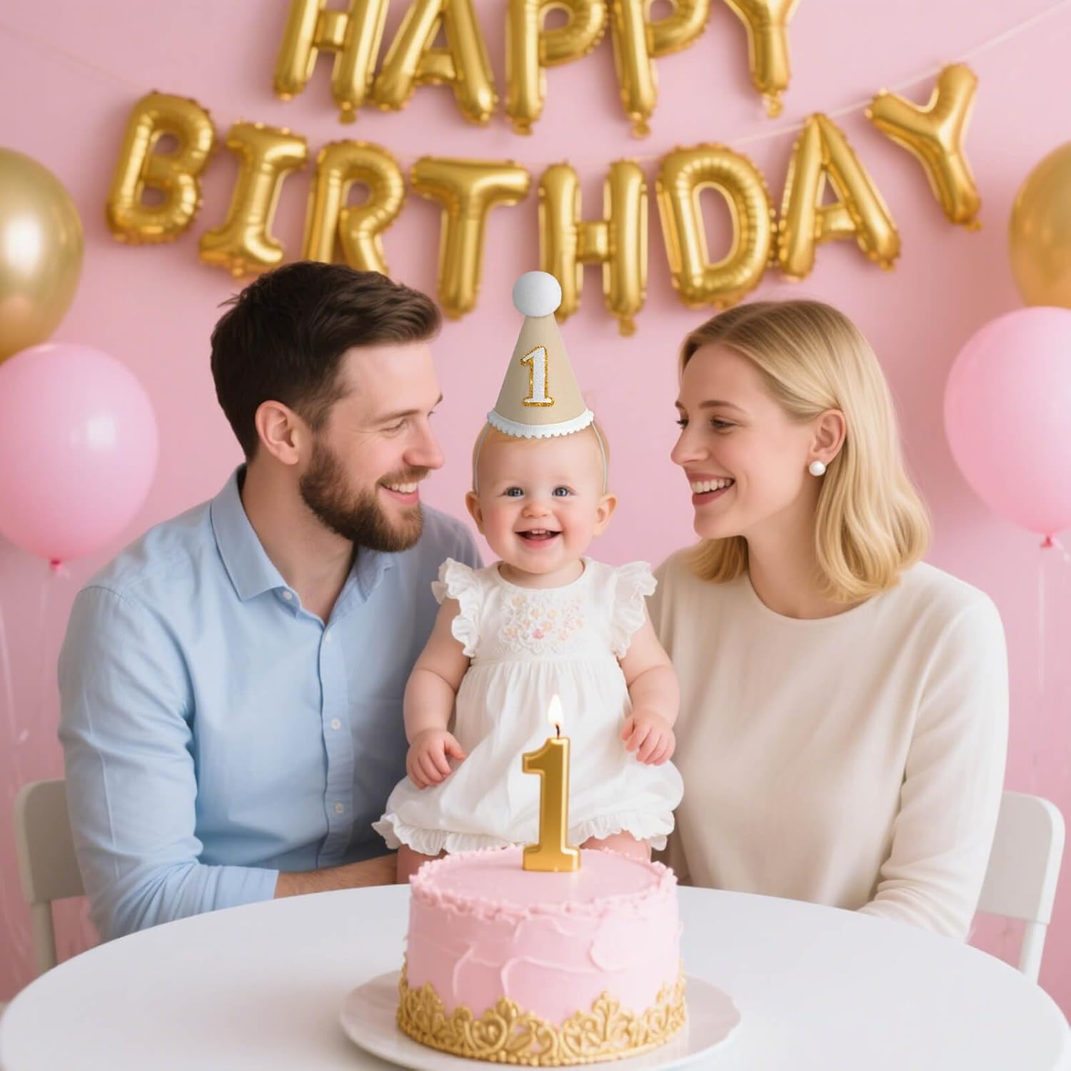 Thumbnail 2 de DRESHOW 1st Birthday Baby Party Hat – Cone Hat with Pom Poms for Cake Smash and Photo Props