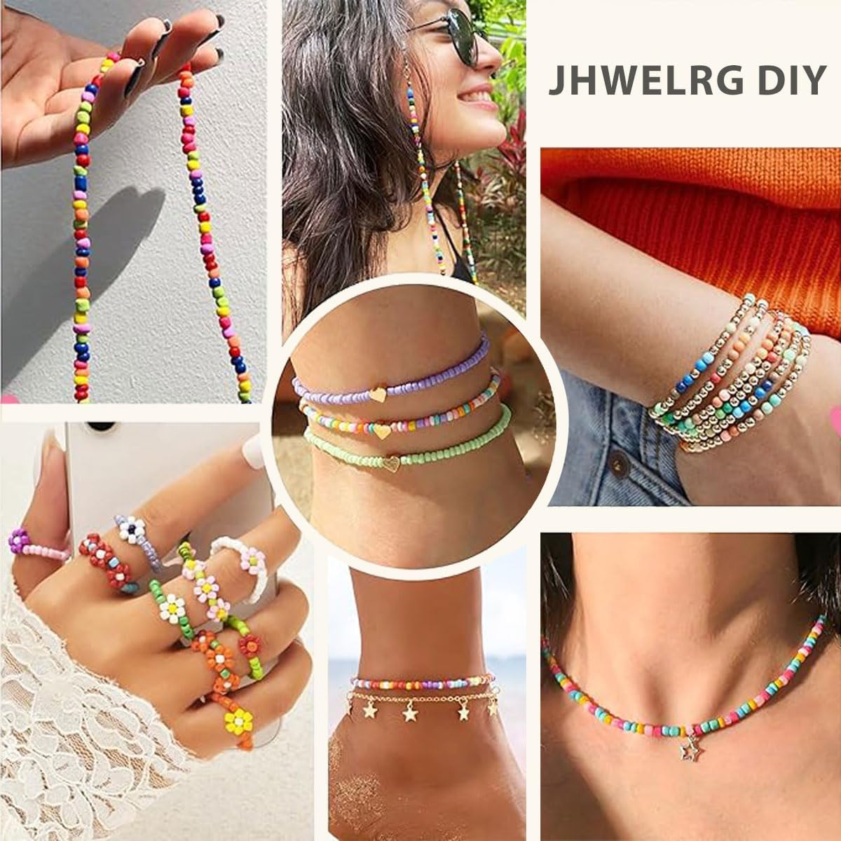 Detalle de JHWELRG Selber Machen Perlen Set für Armbänder – 16.000 Glasperlen (3 mm), 48 Farben inkl. Buchstaben