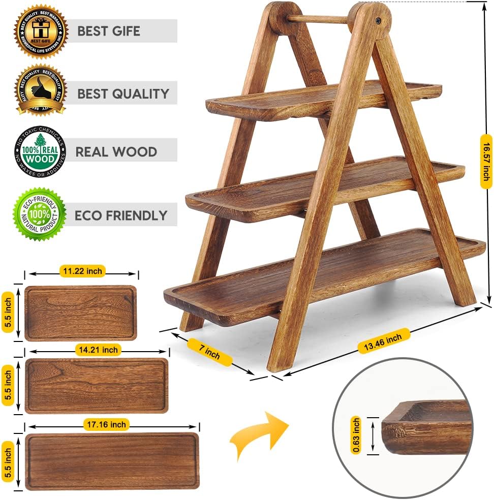Detalle de Manspdier Wood 3-Tier Serving Tray: Rustic Rectangular Wooden Cake Stand for Parties