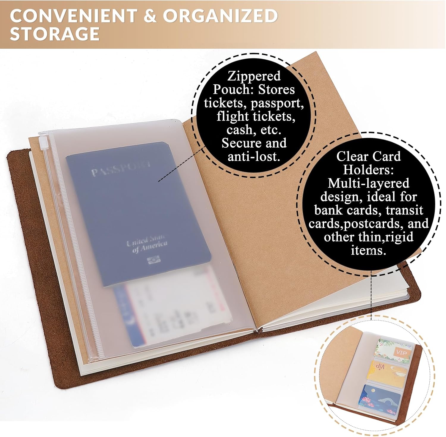 Thumbnail 5 de TIDING Genuine Leather Refillable Travel Journal, A5, 100 GSM Paper, Dark Brown