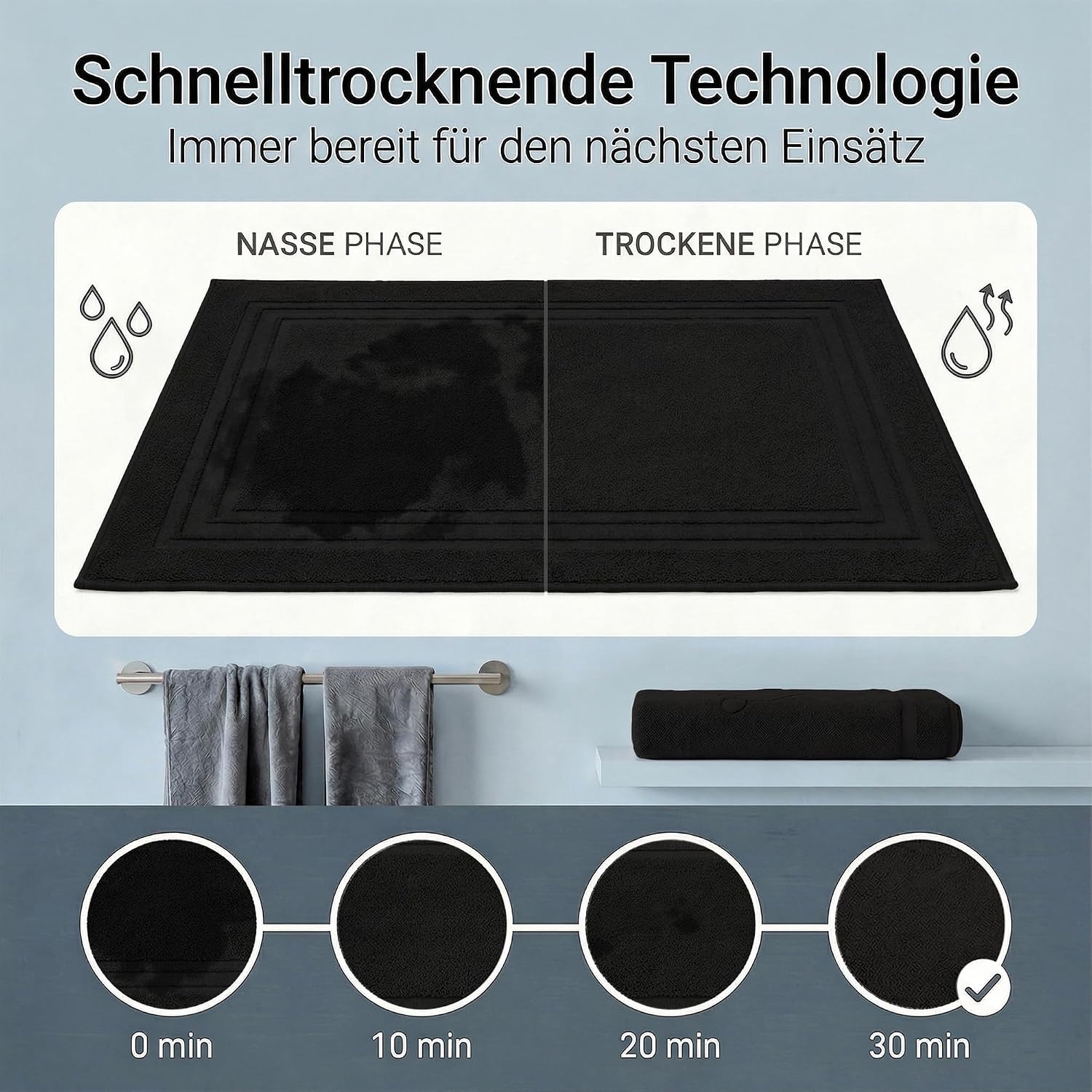 Thumbnail 5 de Komfortec Badvorleger 2er-Set aus 100% Baumwolle, 50×70 cm, Schwarz – 600 GSM