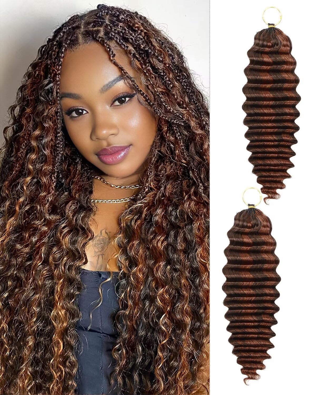 Detalle de VDZ P4/30 Auburn-Chocolate Brown Human Crochet Hair, 18.001-Inch Deep Wave
