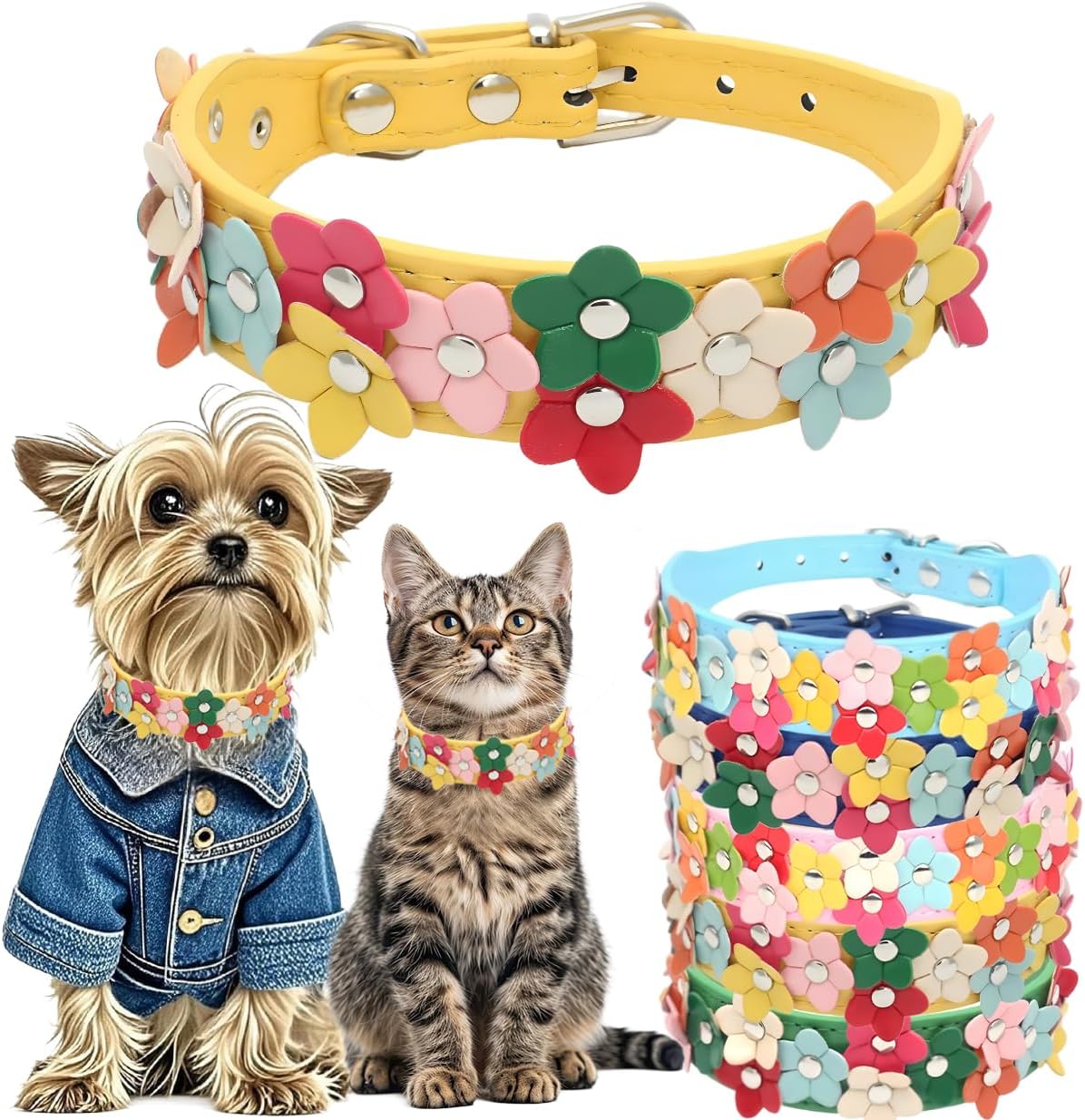 Detalle de Small Dog Collar with Flower – PU Leather, Adjustable, Yellow (XS)