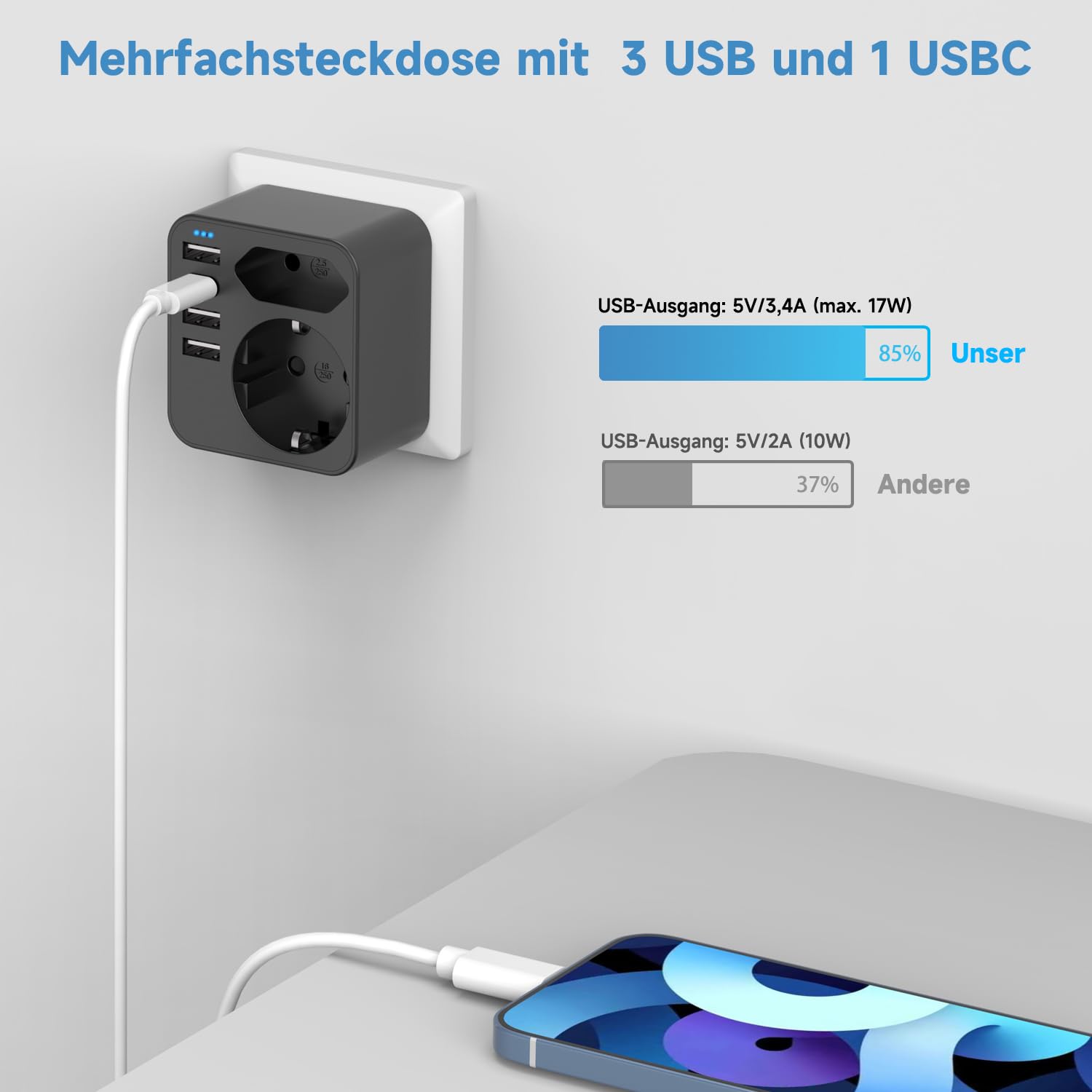 Detalle 2 de Rwest X Mehrfachsteckdose mit 4 USB Ports