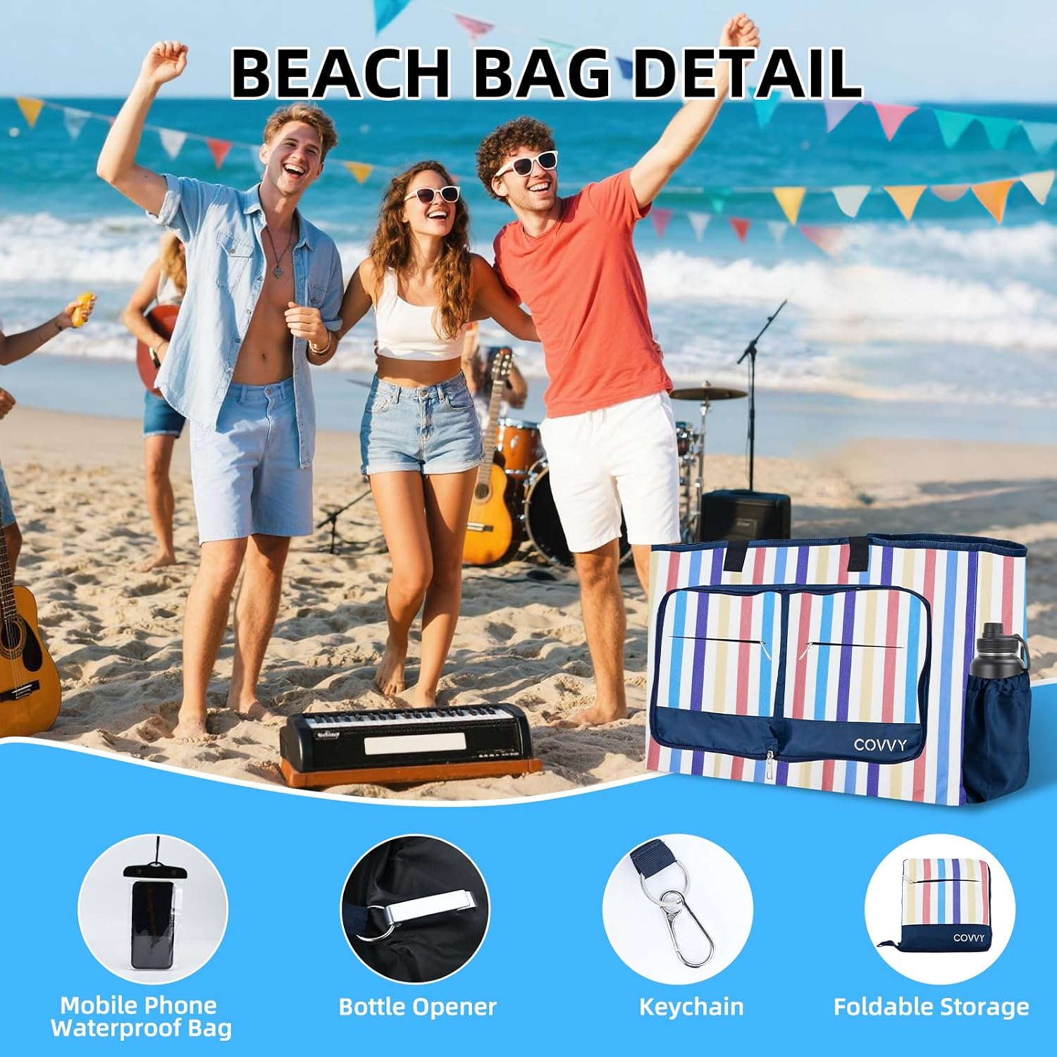 Thumbnail 4 de COVVY Beach Bag: Extra Large Foldable Tote with Zipper, Water-Resistant & 9 Pockets