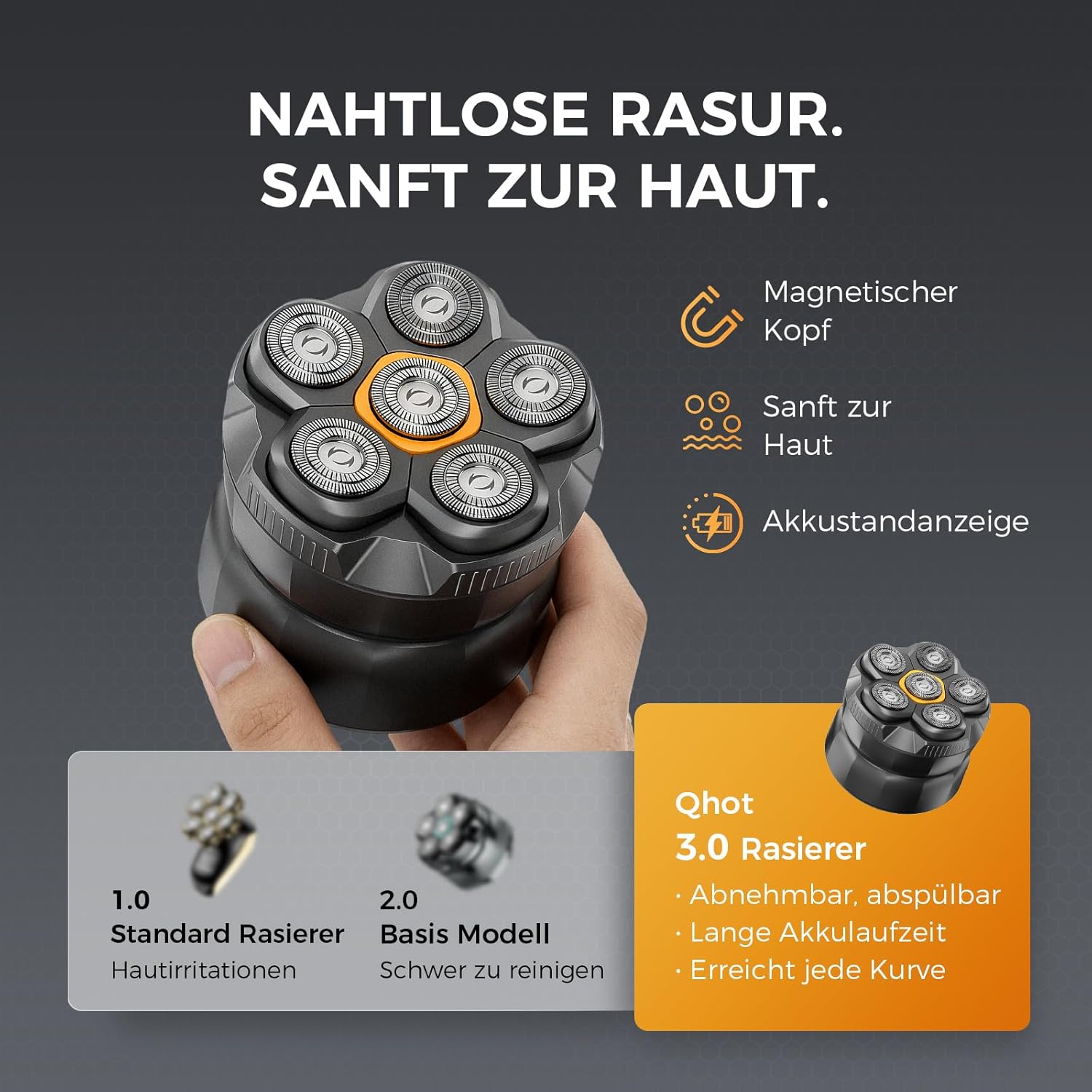 Thumbnail 1 de Qhot Glatzen Rasierer Herren – elektrischer Kopfrasierer mit 120-Min-Akku, 6D-Schwimmkopf & LED-Display