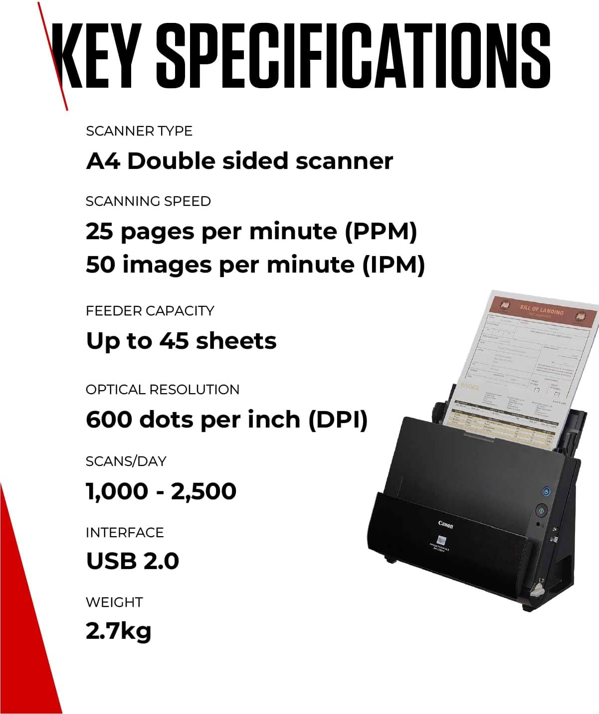 Detalle de Canon DR-C225 II imageFORMULA Dokumentenscanner – Duplex, 50 Blatt ADF, USB, 600 dpi, kompakt