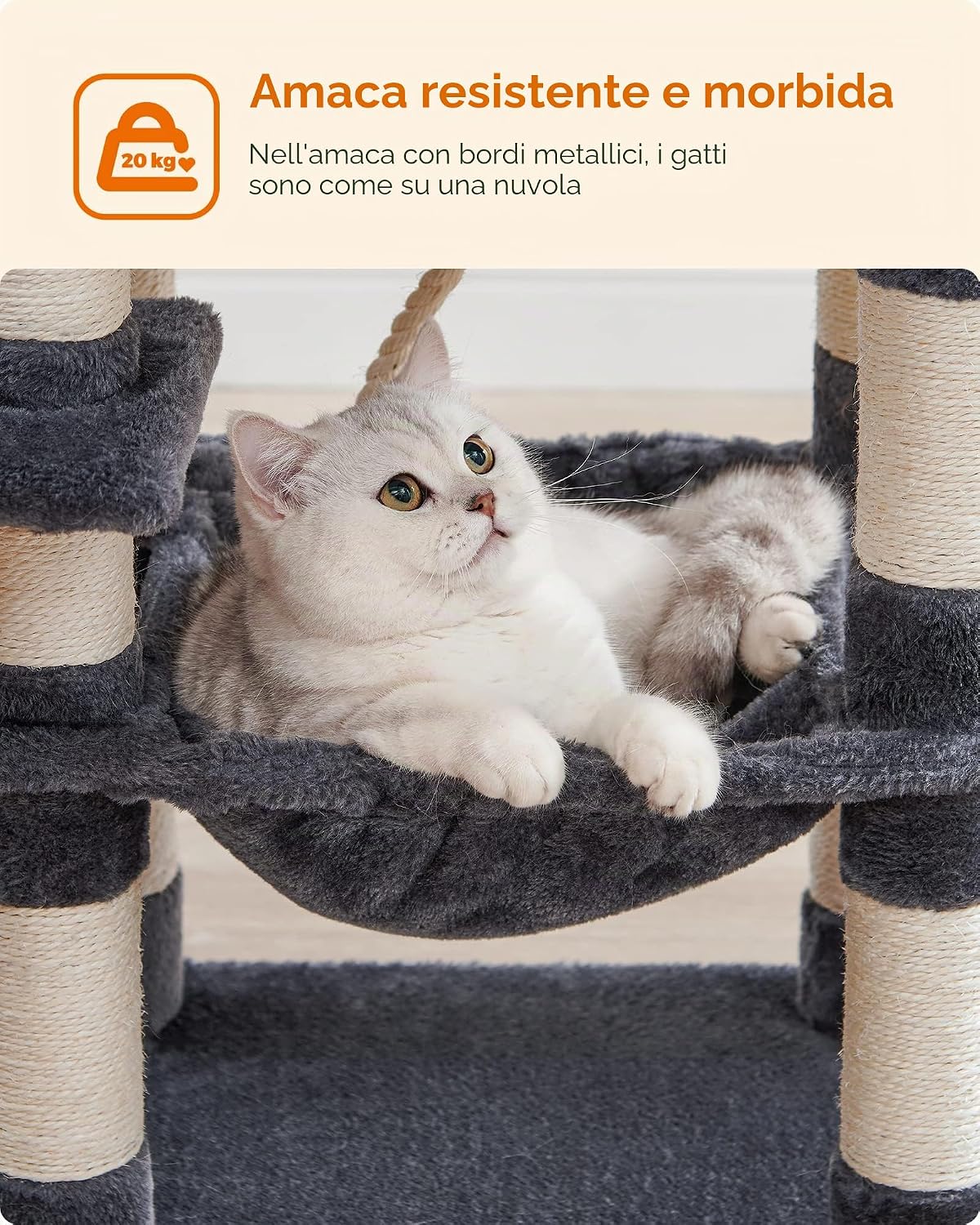 Detalle de Feandrea Albero per Gatti Alto 112 cm, Tiragraffi Multilivello con 11 Pali, 2 Posatoi, Grotta, Amaca e Pompon – Grigio Fumo