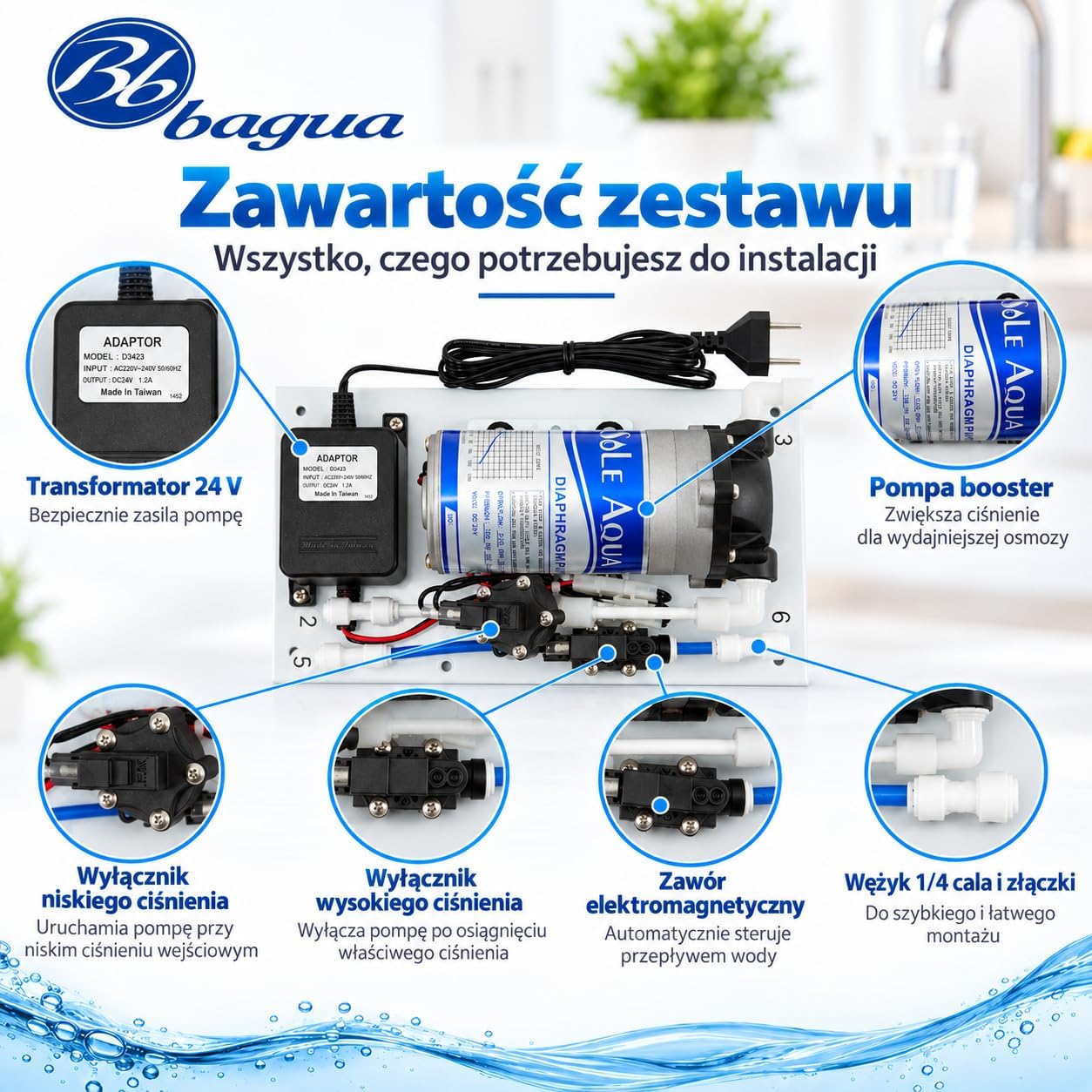 Detalle 2 de Bbagua zestaw pompy ciśnieniowej do osmozy z presostatami i transformatorem