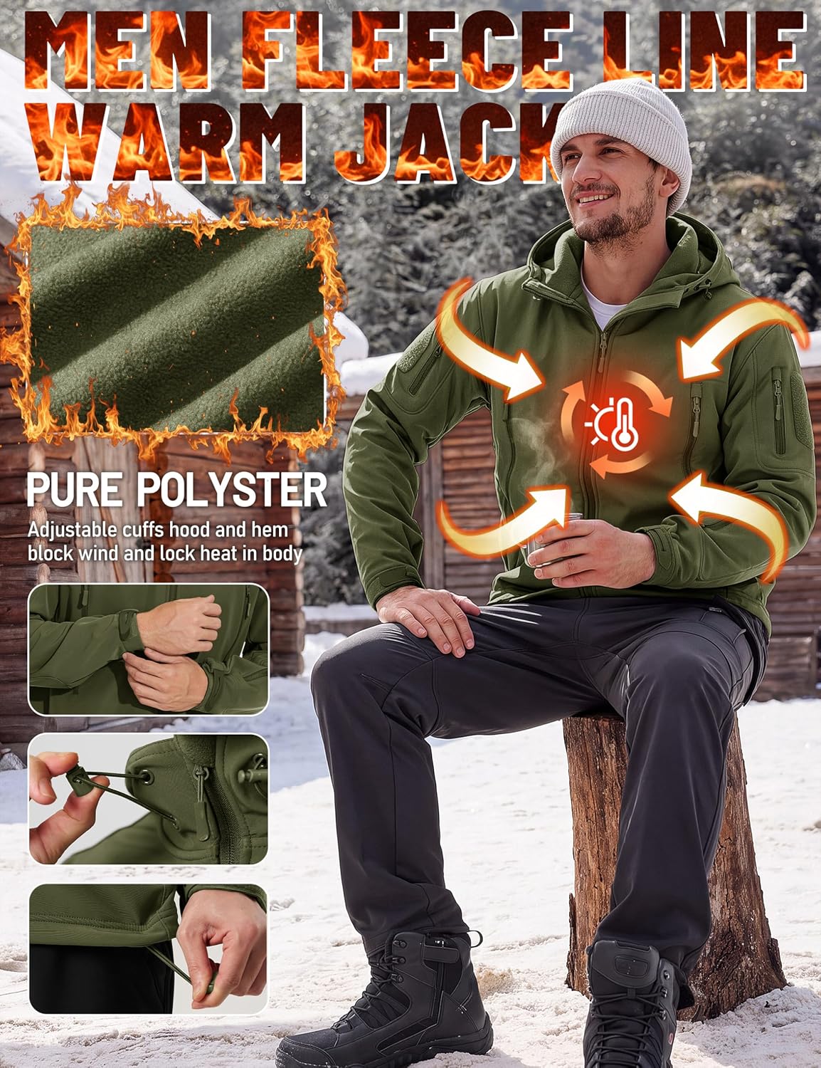 Detalle de TACVASEN XLTJ-73 Men's Tactical Soft Shell Jacket, Hooded, Waterproof and Fleece-Lined