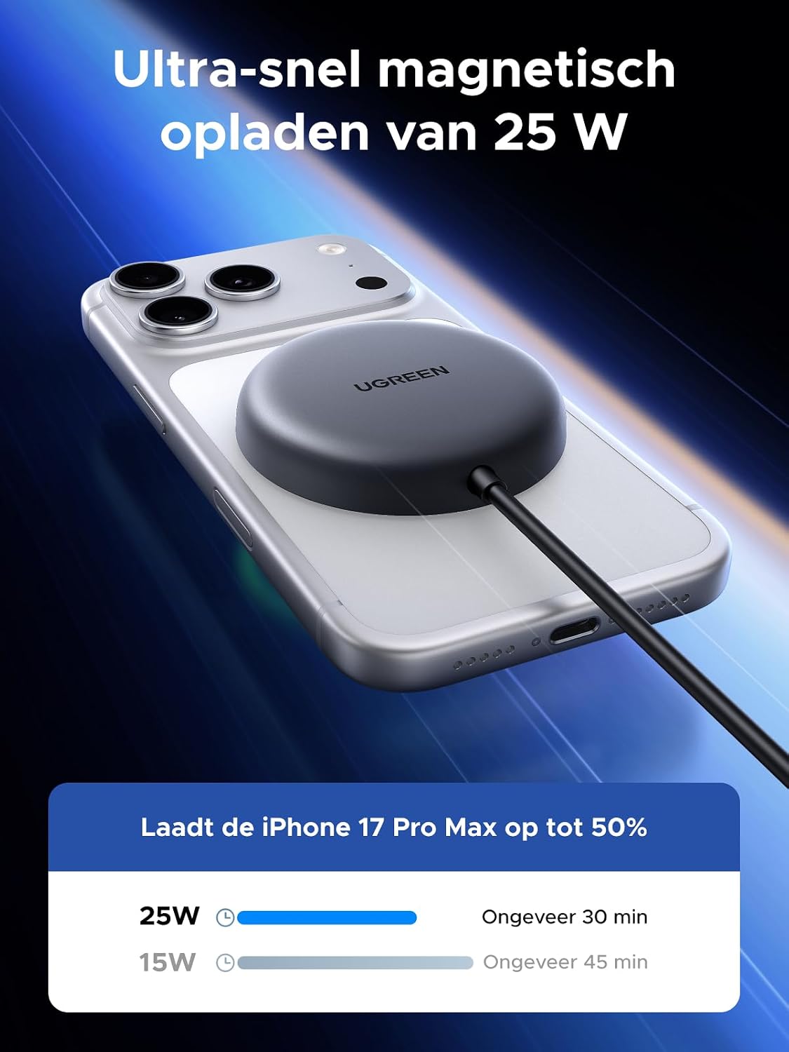 Thumbnail 1 de UGREEN Zapix magnetische draadloze oplader, Qi2 25 W en kabel van 1,5 m